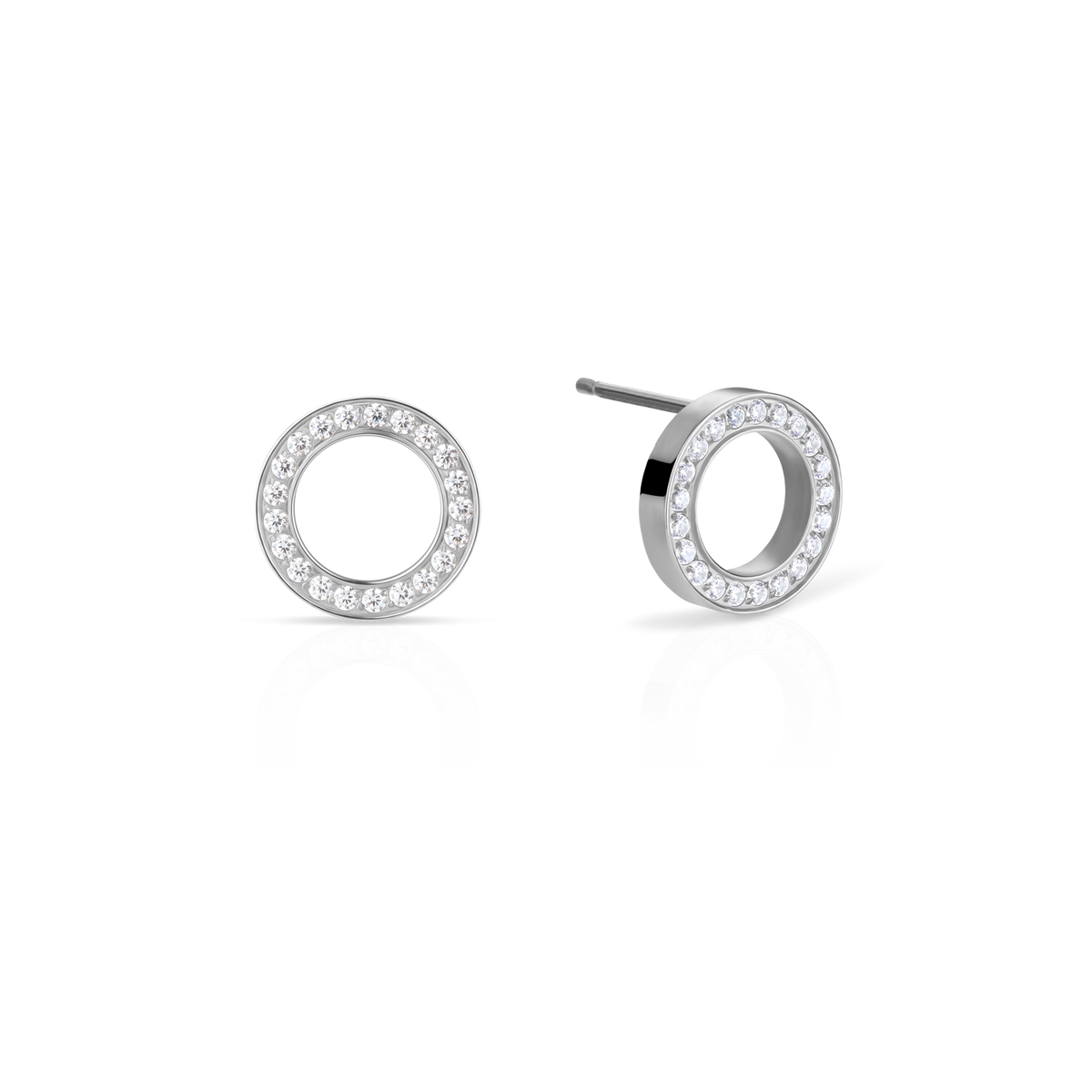 Silver-tone open-circle stud earrings with sparkling rims, one front-facing and one angled.