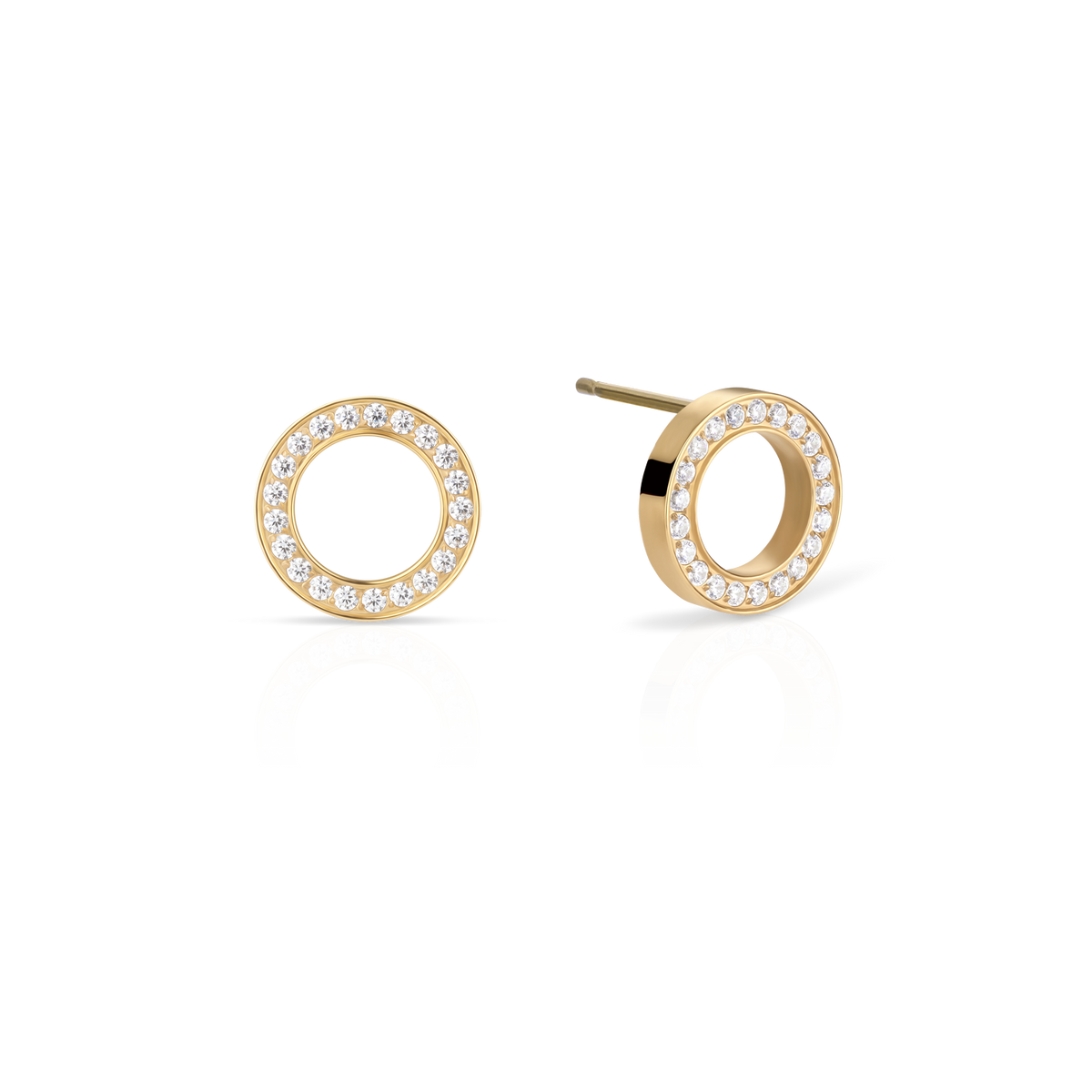 Gold-tone open-circle stud earrings with sparkling rims, one front-facing and one angled.