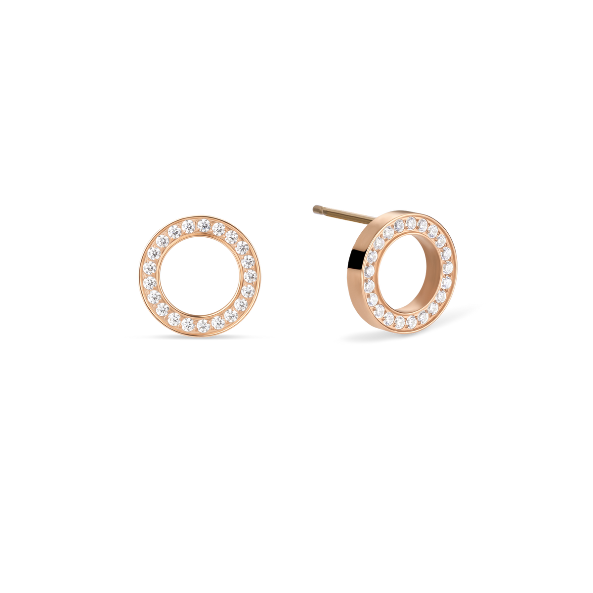 Rose-tone open-circle stud earrings with sparkling rims, one front-facing and one angled.