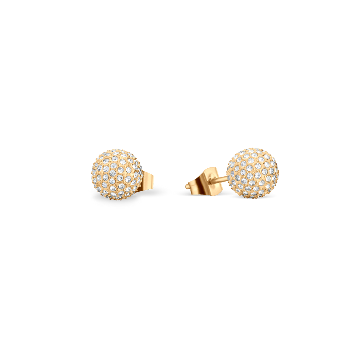 Pendientes redondos dorados cubiertos de pequeños detalles brillantes.