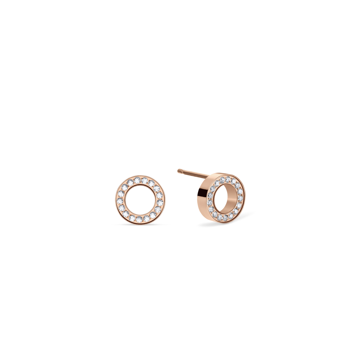 Rose-tone open-circle stud earrings with sparkling rims, shown from front and angled side.