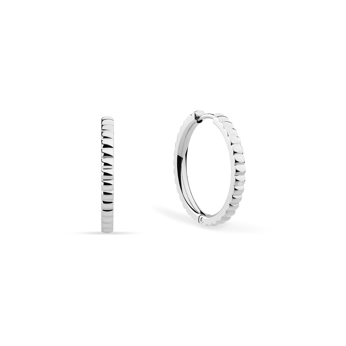 Silver-tone hoop earrings with ridged outer surfaces, shown from front and side.
