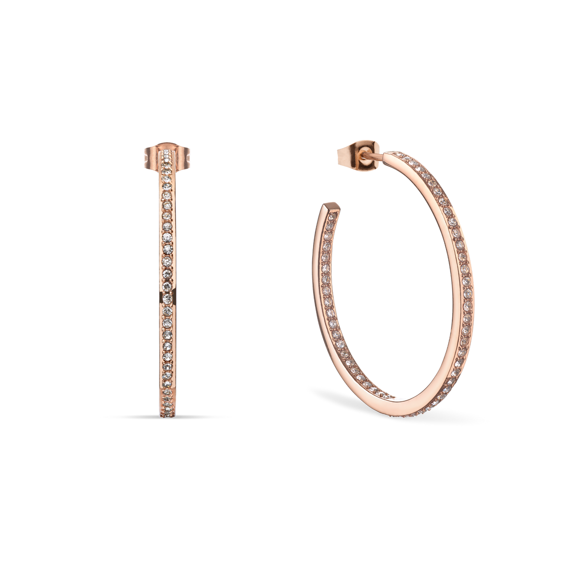 Pendientes de aro grandes y finos rosados con bordes frontales brillantes, uno de frente y otro en ángulo.